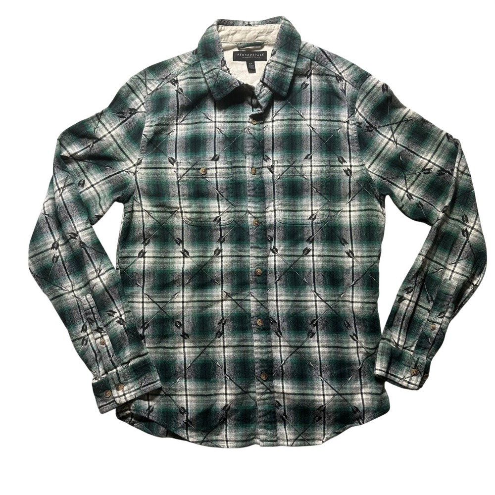 Aeropostale Men's Green Plaid Arrow Flannel‎ Shirt Size S/P Western Aztec